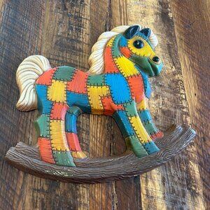 Vintage Hand-Painted Patchwork Quilt Rocking Horse Wall Hanging Nursery child ro